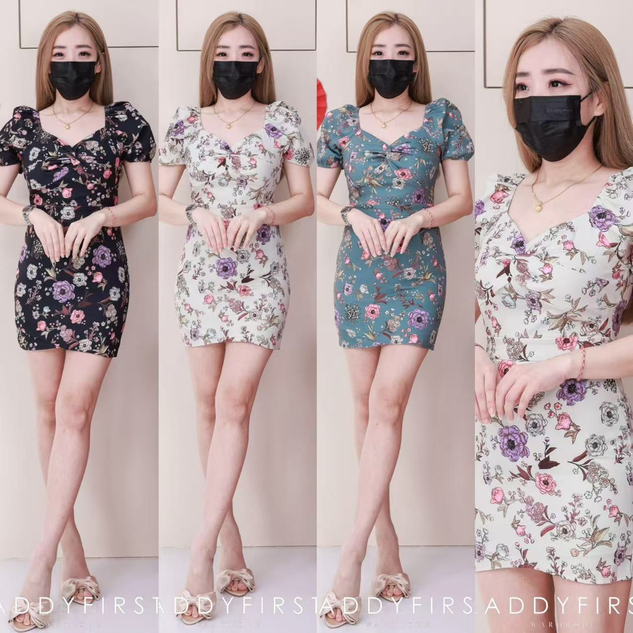 【D3332】【LFW独家小圆饼】轻熟风泡泡袖女神气质修身小碎花连身裙子，内有里布裤子