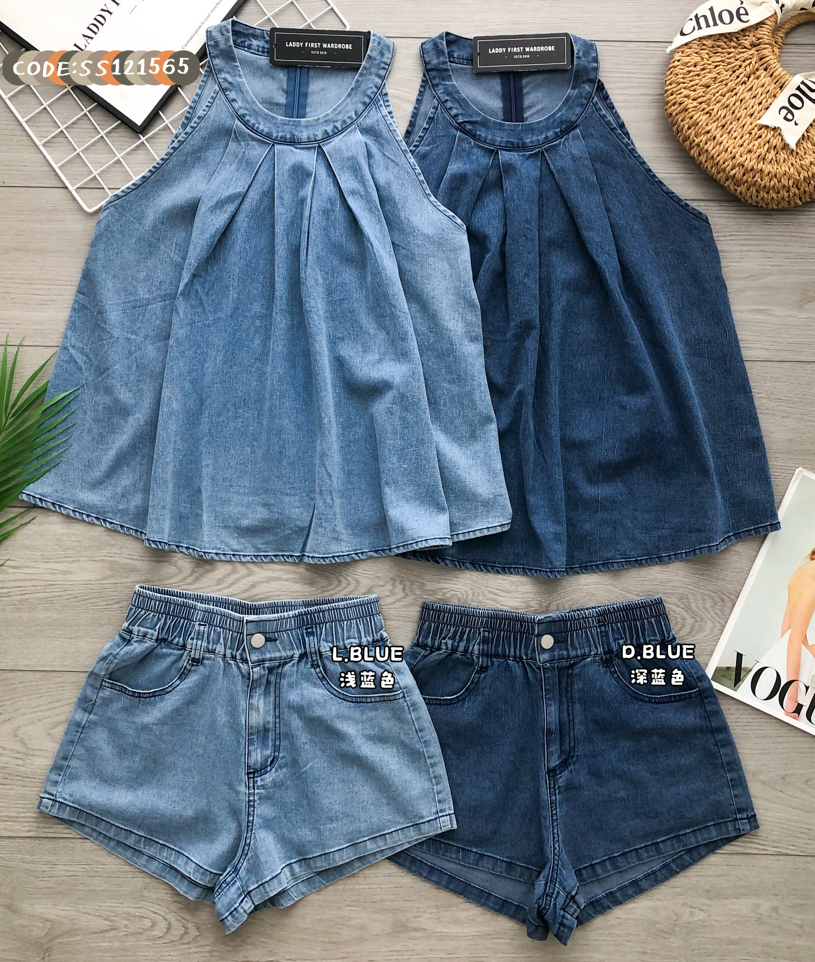 【SS121565】【补厂家现货⚡⚡】高品质两件式韩系简约休闲牛仔套装 宽松无袖牛仔上衣➕松紧腰高腰百搭短裤，有口袋 ❤️❤️