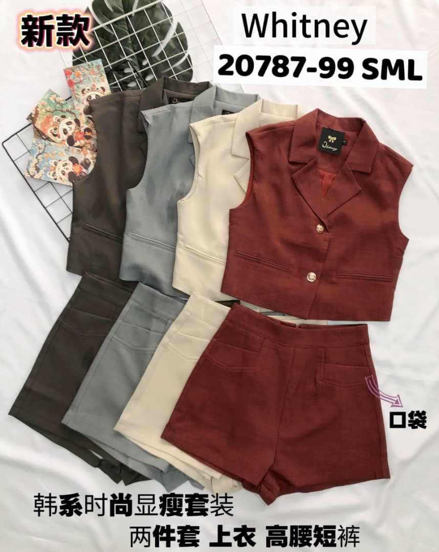【SS20787】高品质两件式韩系西装简约时尚百搭套装 V翻领无袖西装上衣➕西装高腰百搭短裤，有口袋 ❤️❤️【A-R1-C1】