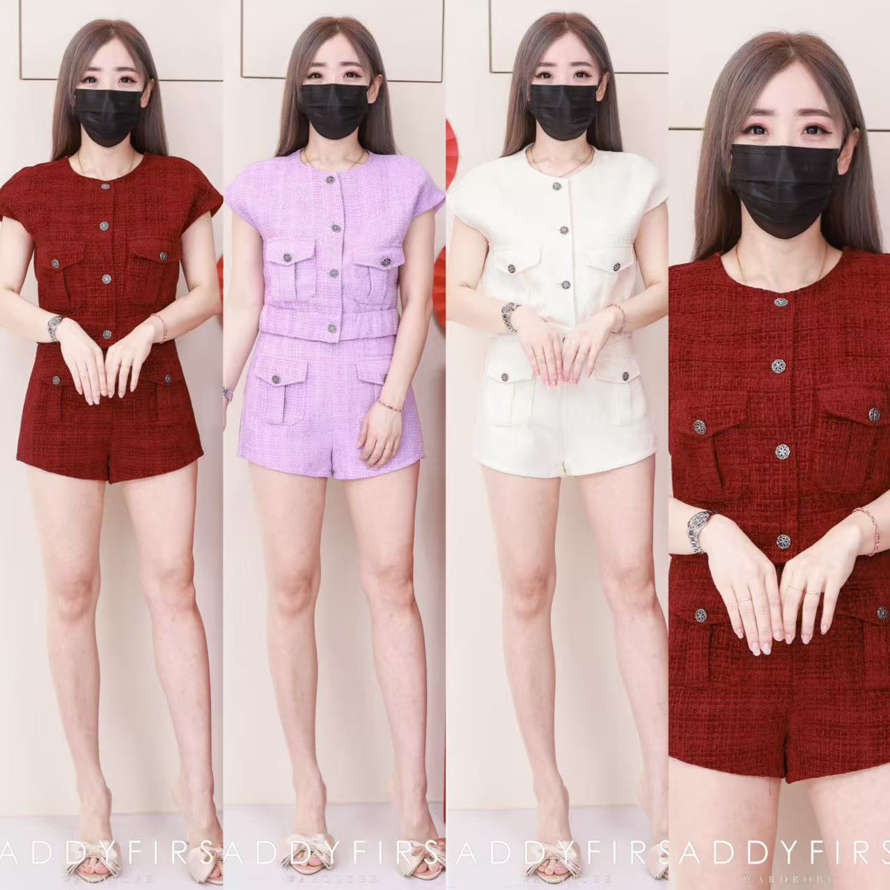 【SS3509】【LFW独家小圆饼】高品质两件式简约时尚小香风套装 小香风出袖上衣➕小香风高腰百搭短裤，有口袋 ❤️❤️