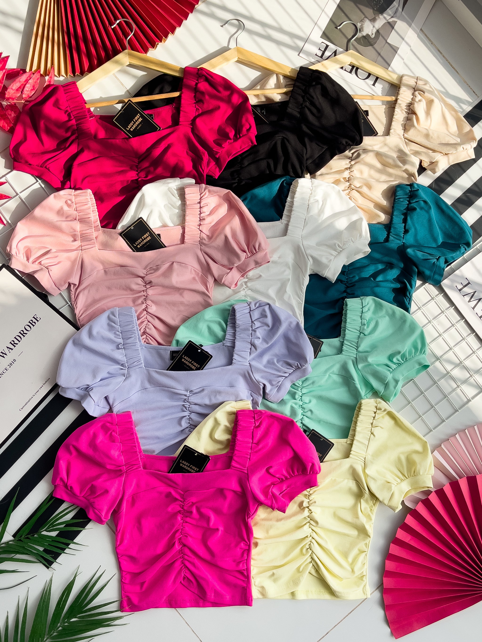 【T3408】独家爆款方领宫廷袖皱褶修身设计纯棉弹力百搭上衣 ❤❤ 【A-R1-C5】