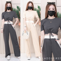 【SS1556】高品质纯棉弹力休闲简约百搭套装 抽绳收腰圆领短袖宽松休闲上衣➕松紧腰弹力阔脚长裤，有口袋 ❤️❤️【A-R2-C3】