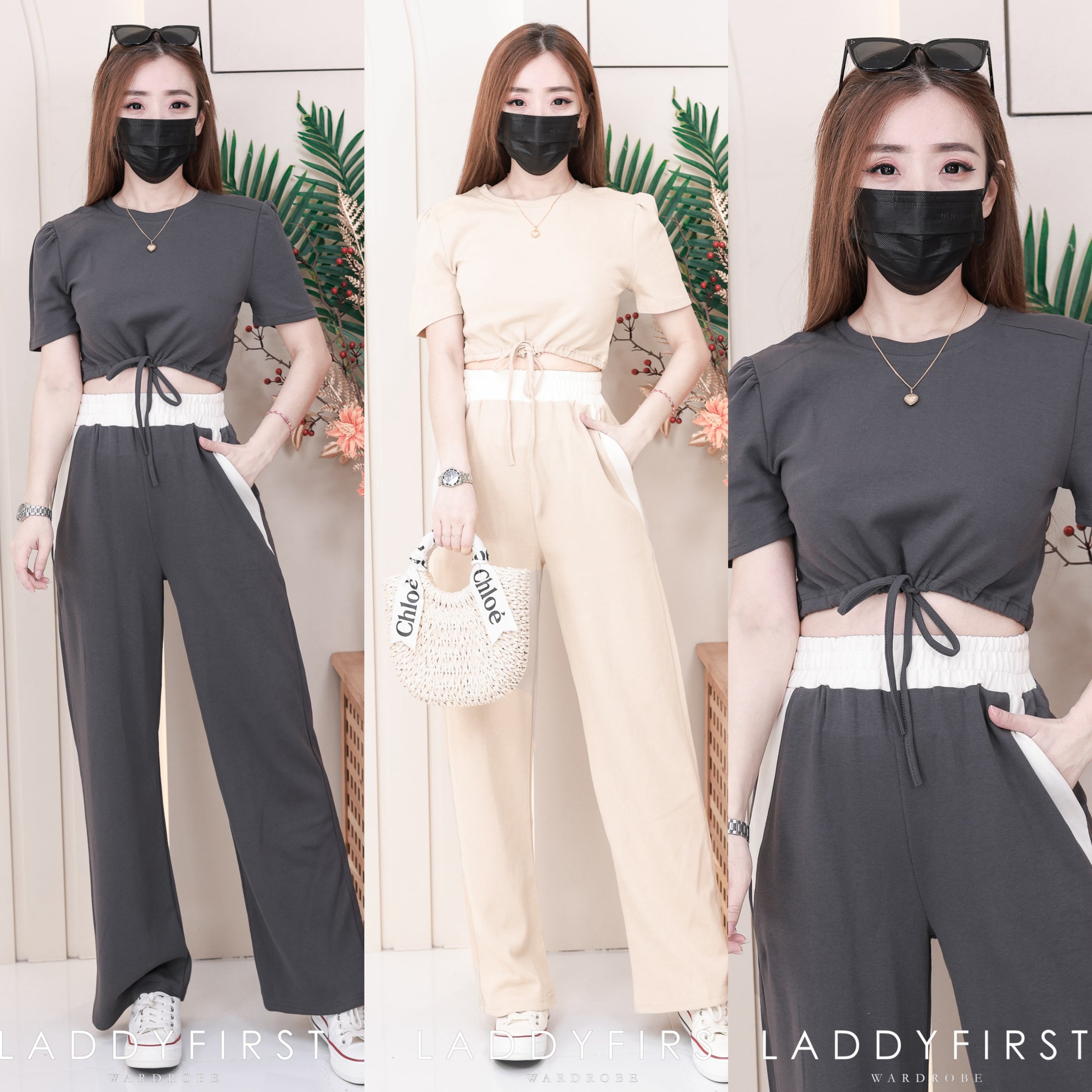 【SS1556】高品质纯棉弹力休闲简约百搭套装 抽绳收腰圆领短袖宽松休闲上衣➕松紧腰弹力阔脚长裤，有口袋 ❤️❤️【A-R2-C3】