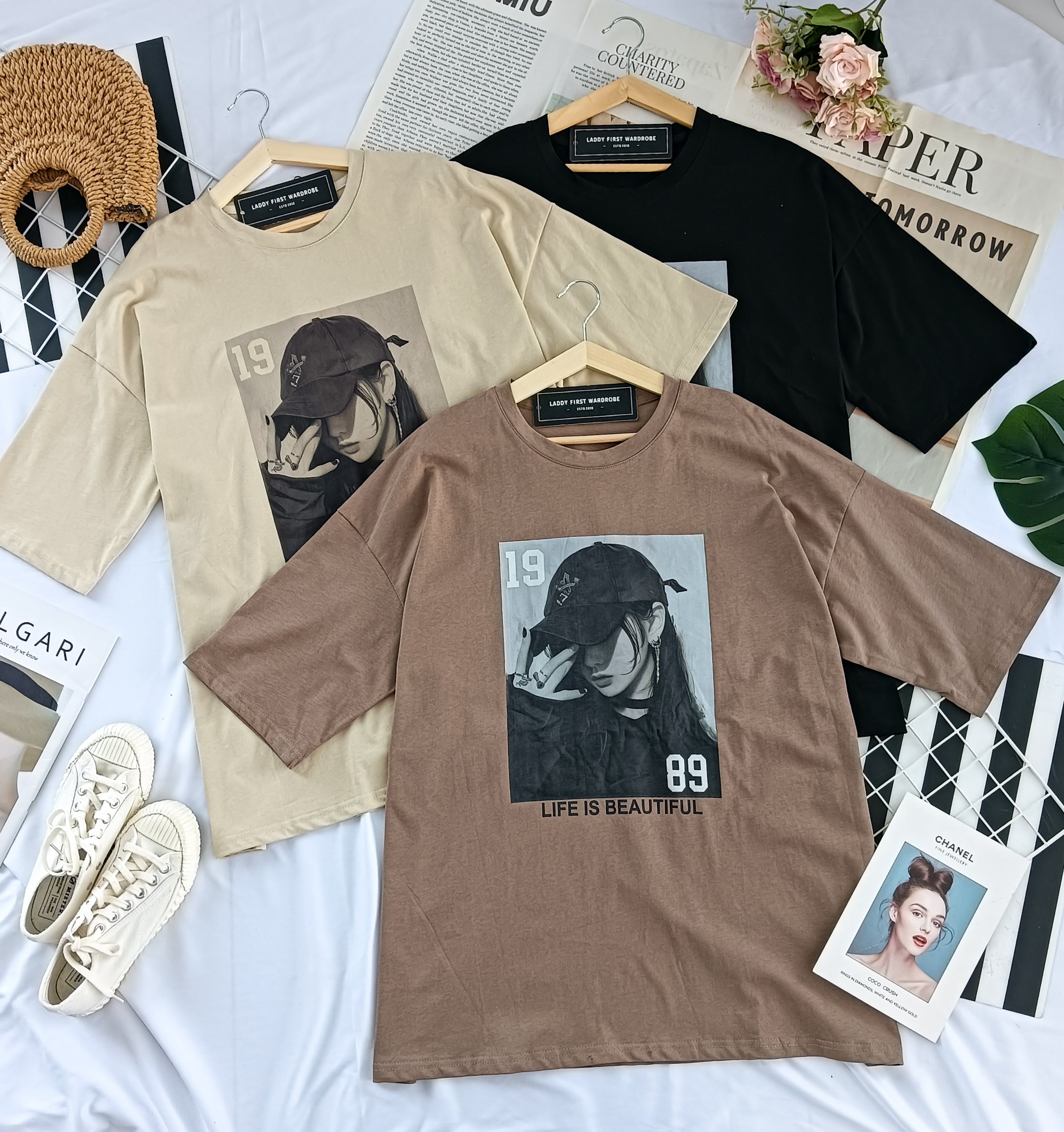 【O61636】高品质 [LIFE IS BEAUTIFUL] 韩版纯棉圆领短袖男女同款Oversized 上衣