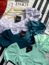 【T3408】独家爆款方领宫廷袖皱褶修身设计纯棉弹力百搭上衣 ❤❤ 【A-R1-C5】