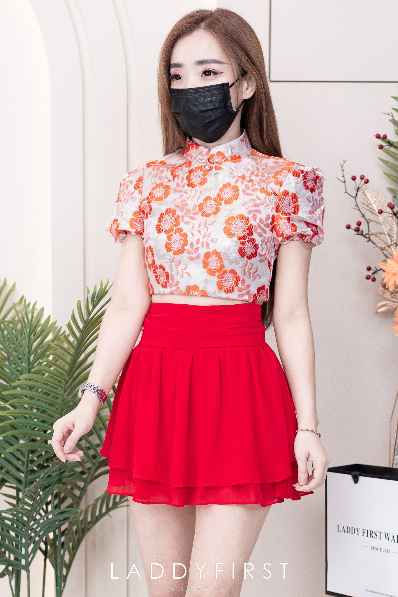 【SS3384】【独家小圆饼】两件式提花唐装旗袍套装 短袖珍珠设计提花上衣➕提花拼接雪纺裙子，内层有里布短裤 ❤️❤️