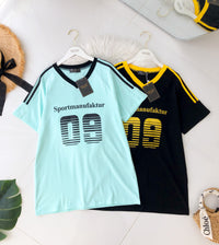 【T14260 / 9062】高品质V领09字母拉线设计纯棉OVERSIZED 上衣 ❤❤ 【B-R2-C4】