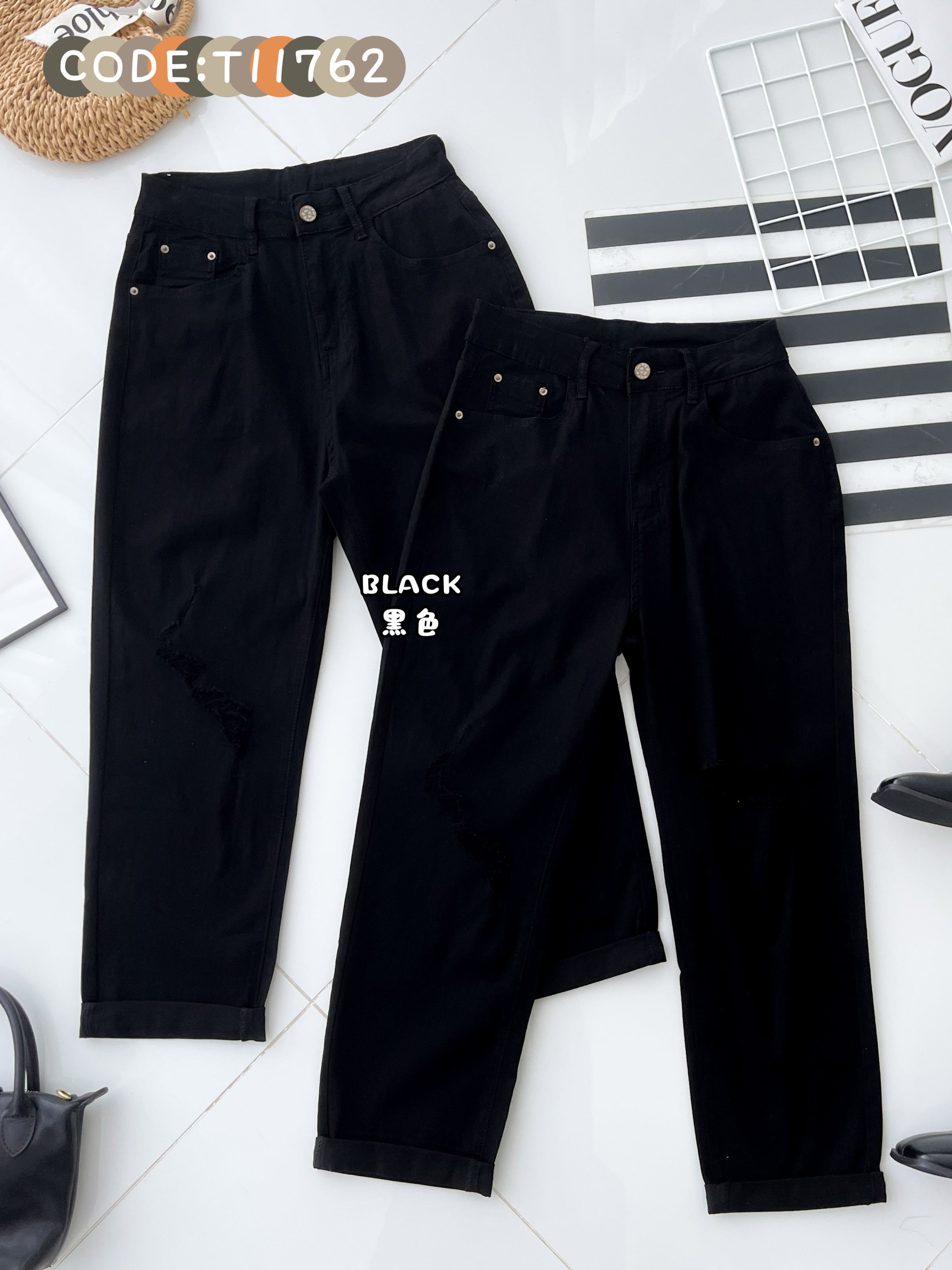 【L11762】高品质COTTON JEANS牛仔弹力破洞九分长裤，有口袋 ❤️❤️【B-R2-C5】