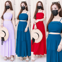 【SS32189】LFW独家爆款两件式仙气温柔风雪纺套装 自调无袖肩带抹胸上衣，后副伸缩弹力➕高腰显瘦大摆蛋糕长裙，内层有里布 ❤️❤️ 【B-R1-C3】