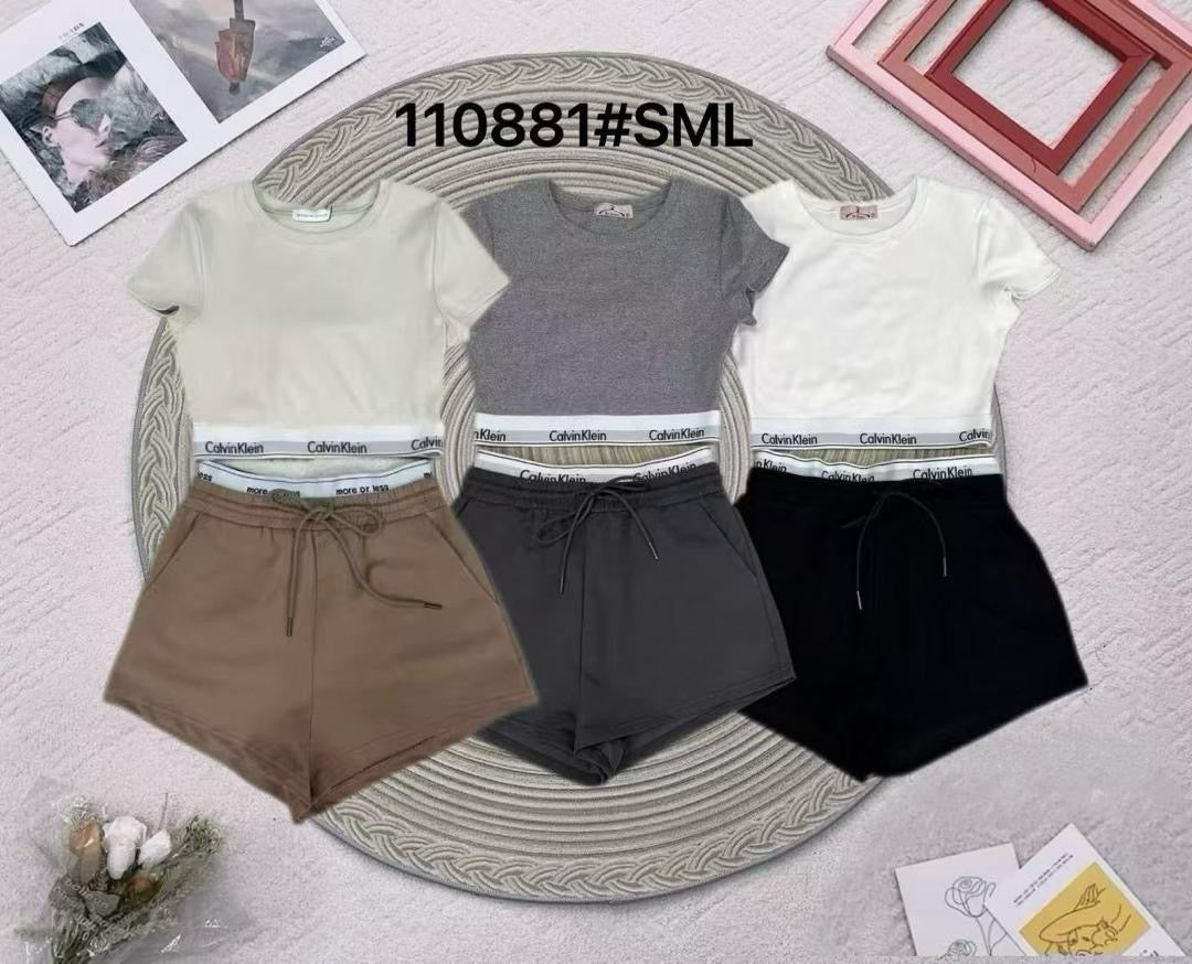 【SS110881】高品质两件式纯棉弹力简约百搭套装 圆领短袖纯棉百搭上衣➕松紧腰弹力休闲百搭短裤，有口袋 ❤️❤️