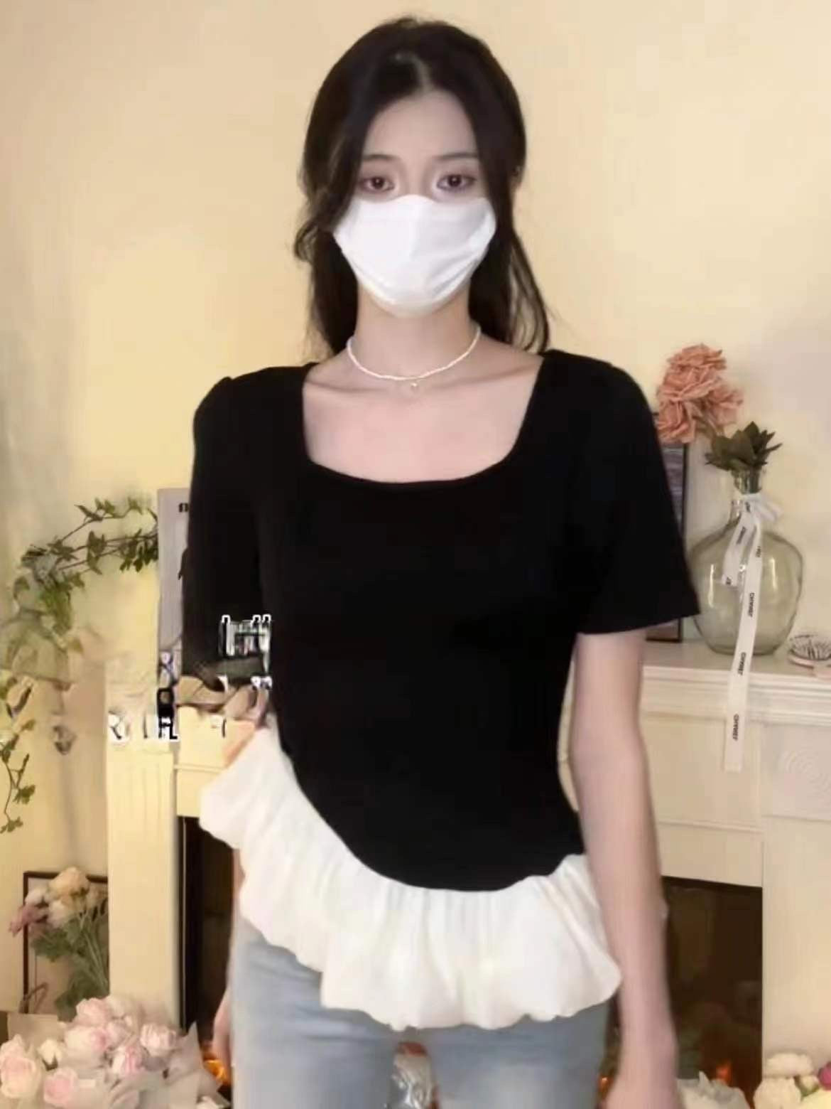 【T941】高品质法式螺纹针织拼接缎面蓬蓬下摆时装上衣 ❤️❤️
