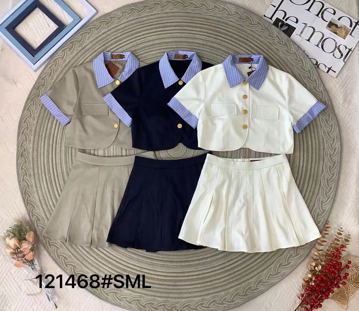 【SS121468】高品质两件式减龄学院风西装套装 翻领短袖上衣➕百褶西装高腰裙子，内层有里布短裤 ❤️❤️