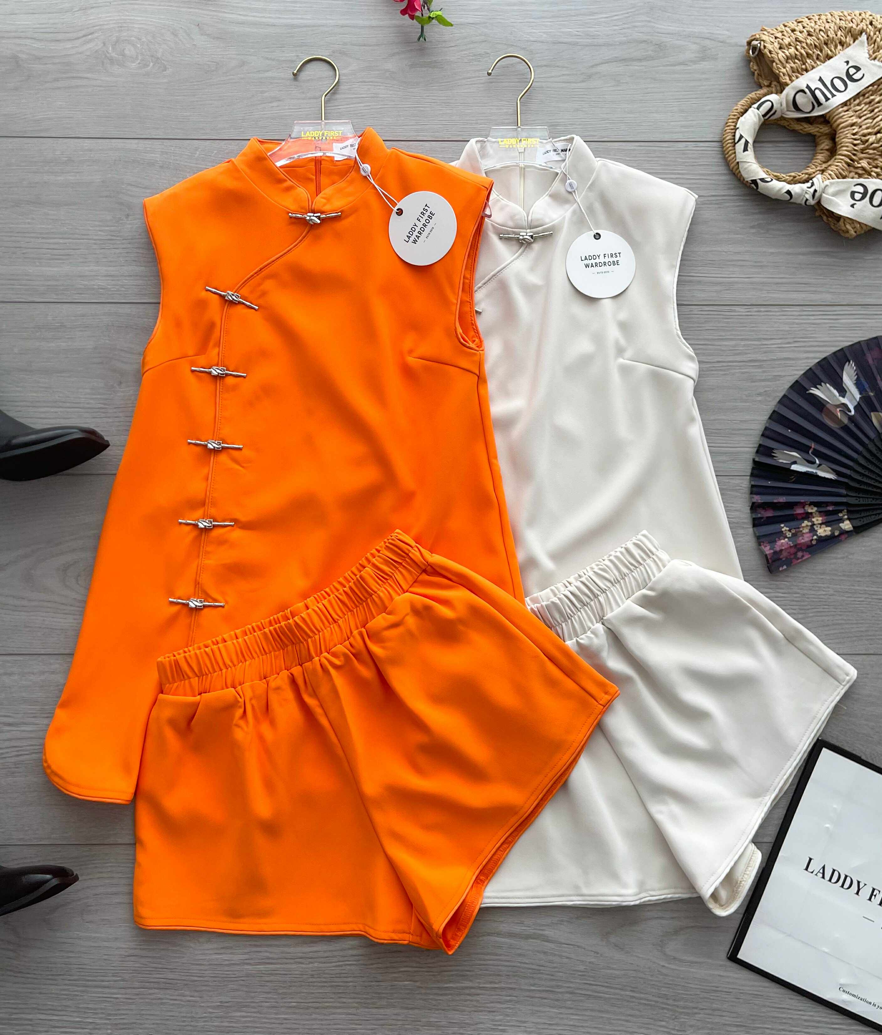 【SS3481】【LFW独家小圆饼】高品质两件式减龄洋气时尚新中式国风西装旗袍套装 排盘扣无袖旗袍连衣裙➕松紧腰弹力高腰百搭短裤，有口袋 ❤️❤️