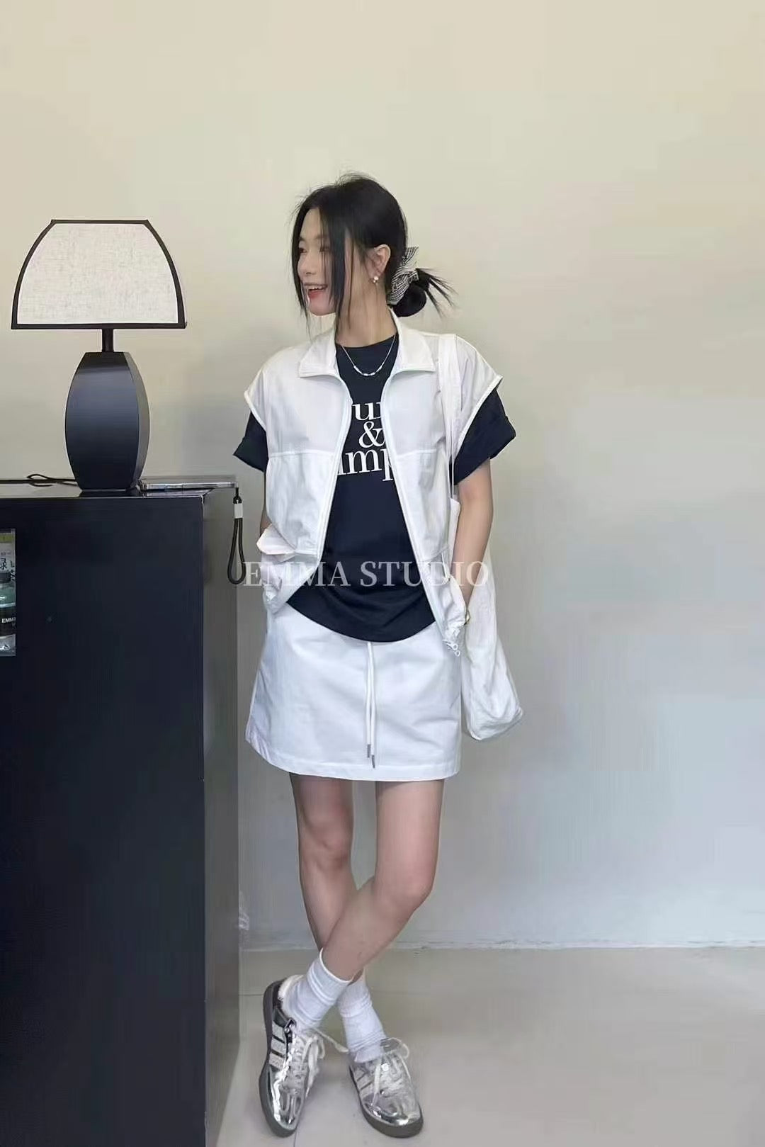 【SS5857】高品质夏日尼龙三件套 ❤️  短袖字母T➕外套➕弹力裤裙 有口袋 ❤️