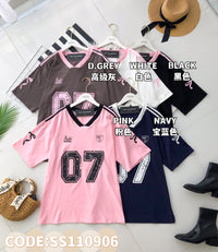 【T110906】高品质V领拼色07运动风纯棉弹力Oversized 日常休闲上衣 ❤❤ 【A-R3-C1】