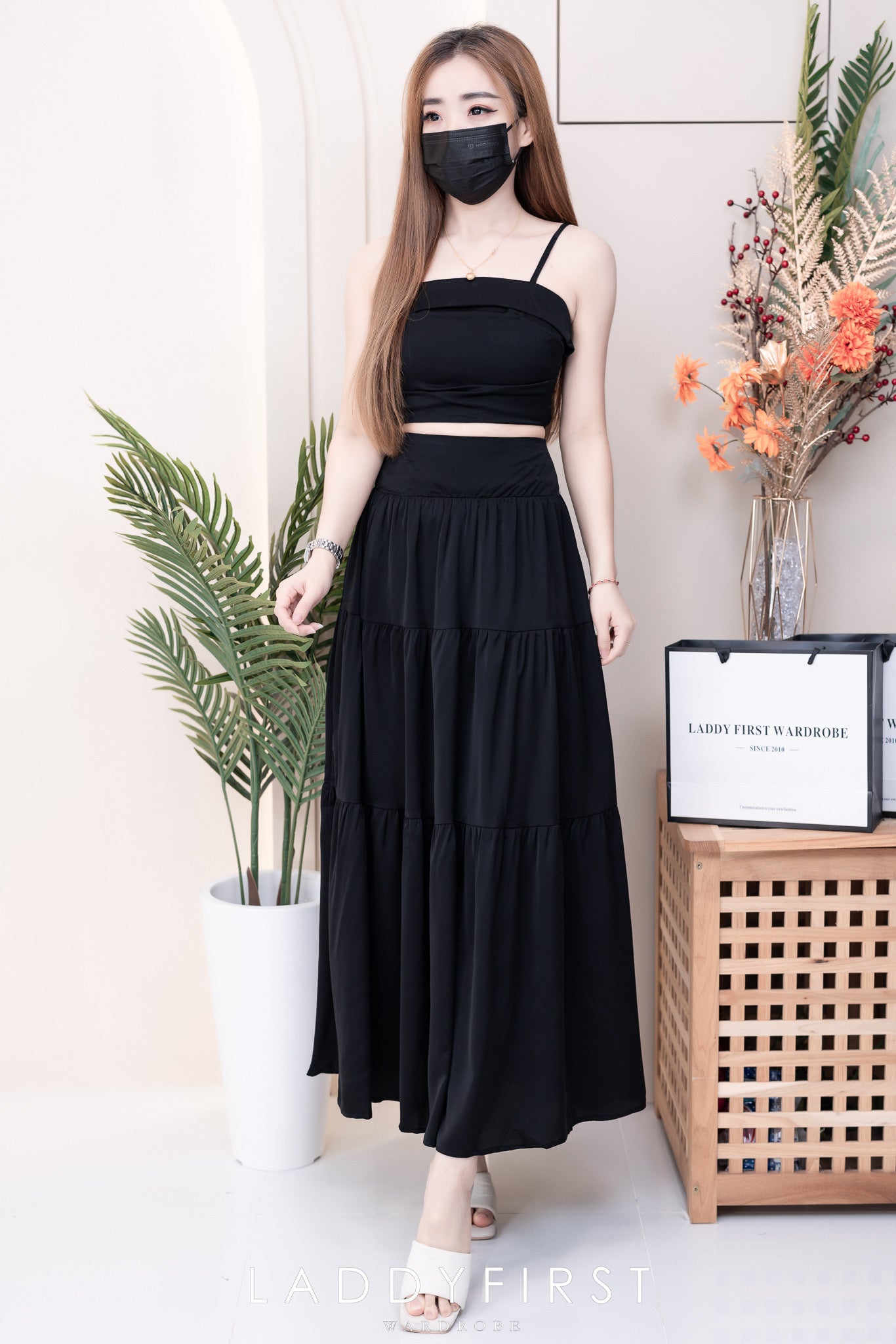 【SS32189】LFW独家爆款两件式仙气温柔风雪纺套装 自调无袖肩带抹胸上衣，后副伸缩弹力➕高腰显瘦大摆蛋糕长裙，内层有里布 ❤️❤️ 【B-R1-C3】