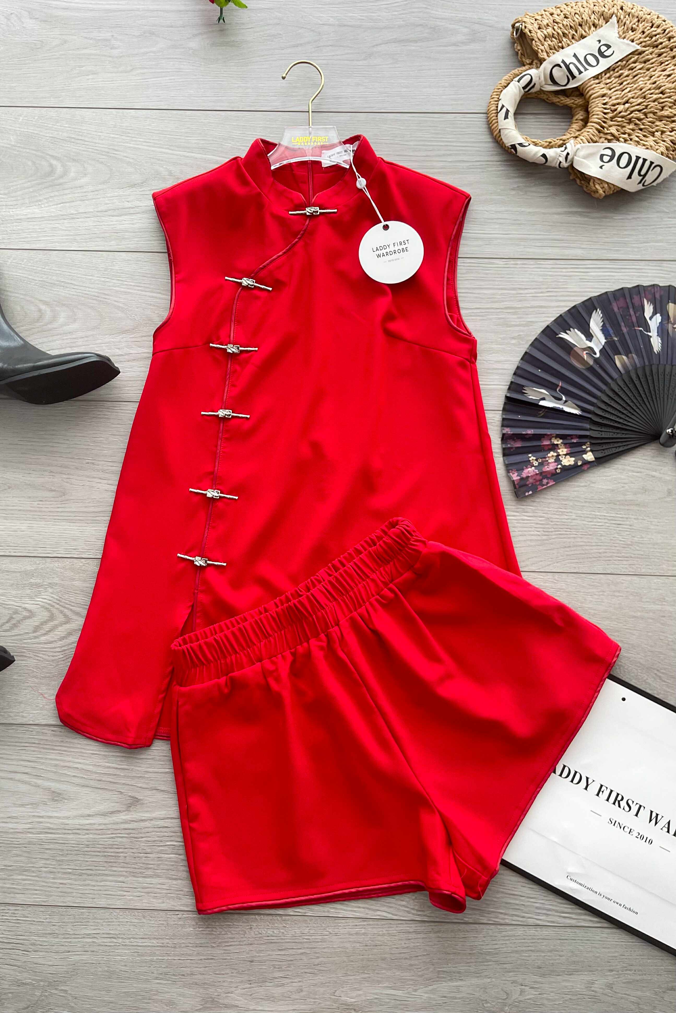 【SS3481】【LFW独家小圆饼】高品质两件式减龄洋气时尚新中式国风西装旗袍套装 排盘扣无袖旗袍连衣裙➕松紧腰弹力高腰百搭短裤，有口袋 ❤️❤️