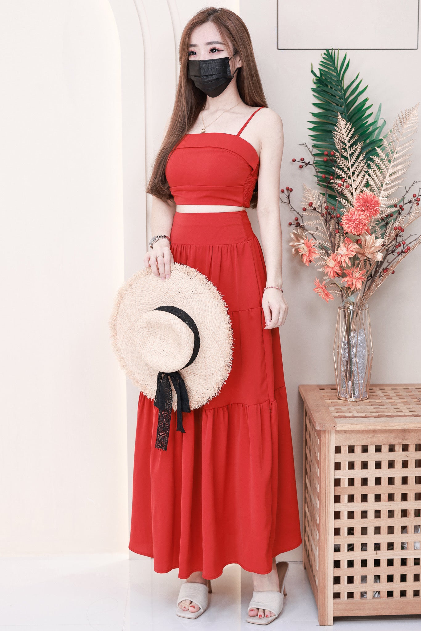 【SS32189】LFW独家爆款两件式仙气温柔风雪纺套装 自调无袖肩带抹胸上衣，后副伸缩弹力➕高腰显瘦大摆蛋糕长裙，内层有里布 ❤️❤️ 【B-R1-C3】