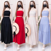 【SS32189】LFW独家爆款两件式仙气温柔风雪纺套装 自调无袖肩带抹胸上衣，后副伸缩弹力➕高腰显瘦大摆蛋糕长裙，内层有里布 ❤️❤️ 【B-R1-C3】