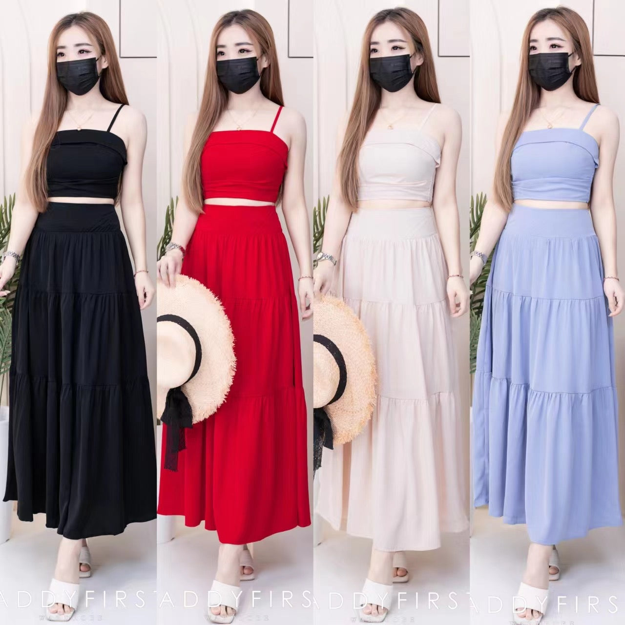 【SS32189】LFW独家爆款两件式仙气温柔风雪纺套装 自调无袖肩带抹胸上衣，后副伸缩弹力➕高腰显瘦大摆蛋糕长裙，内层有里布 ❤️❤️ 【B-R1-C3】