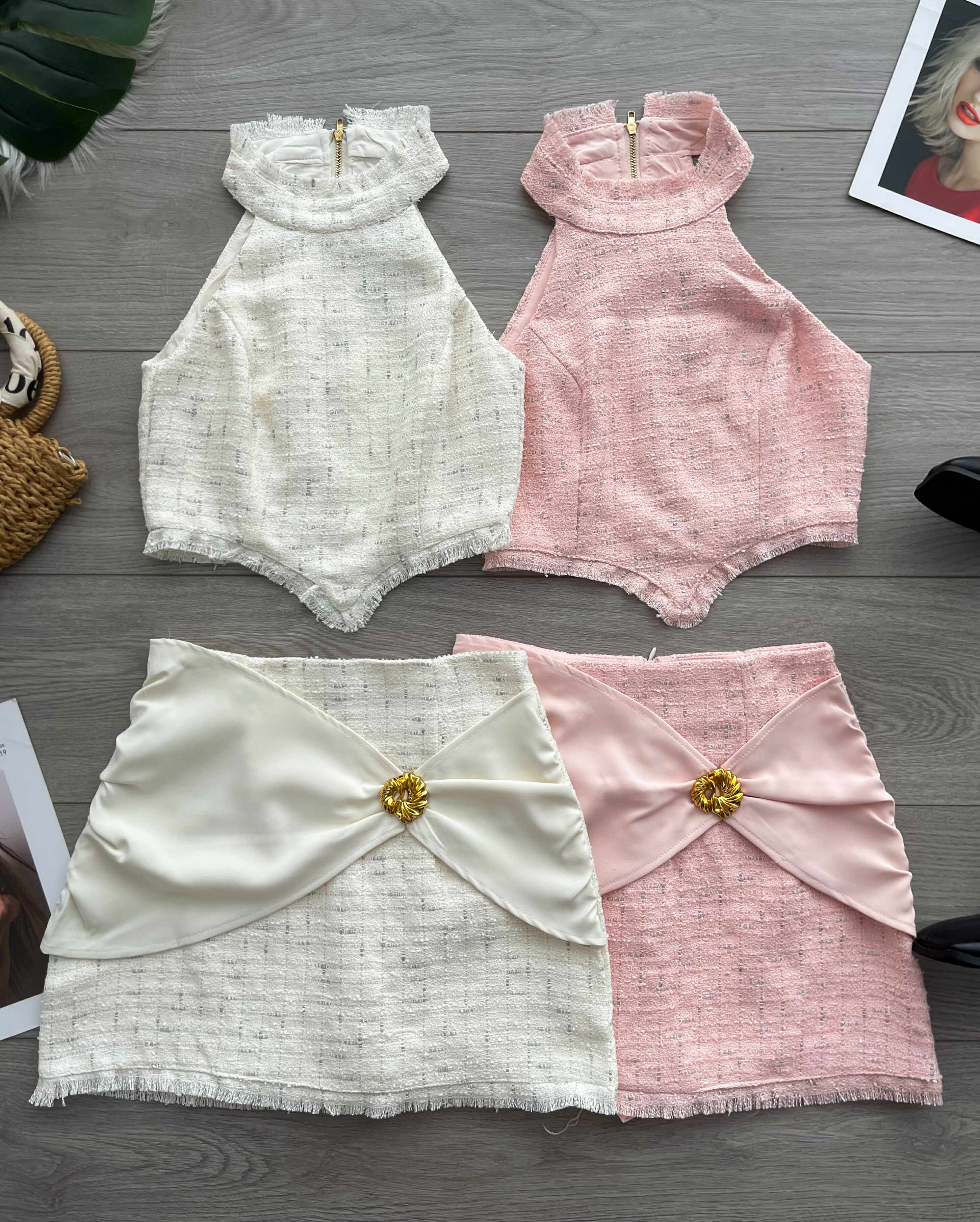 【SS21695 / 37503】高品质两件式气质高档千金小香风套装 小香风CUT IN无袖上衣➕西装蝴蝶结设计拼接小香高腰裙子，内层有里布短裤 ❤️❤️