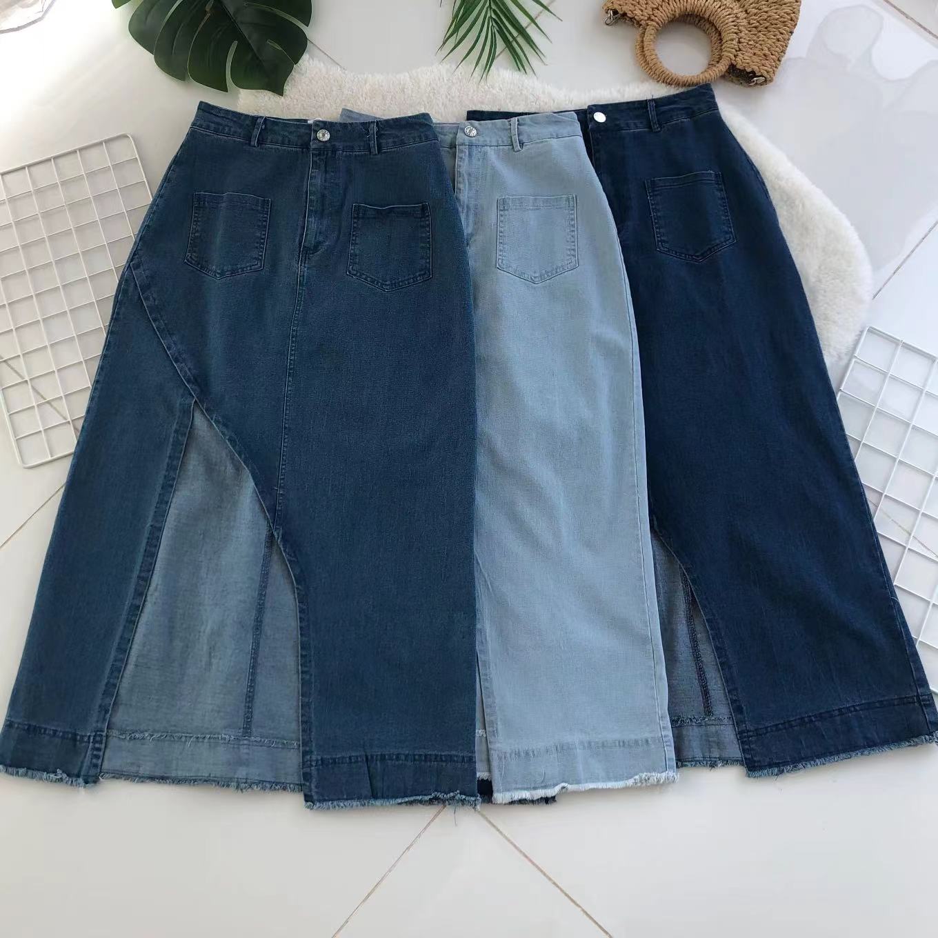 【L97541】高品质韩版弹力牛仔斜边开叉设计中长款高腰百搭裙子，有口袋 ❤️❤️