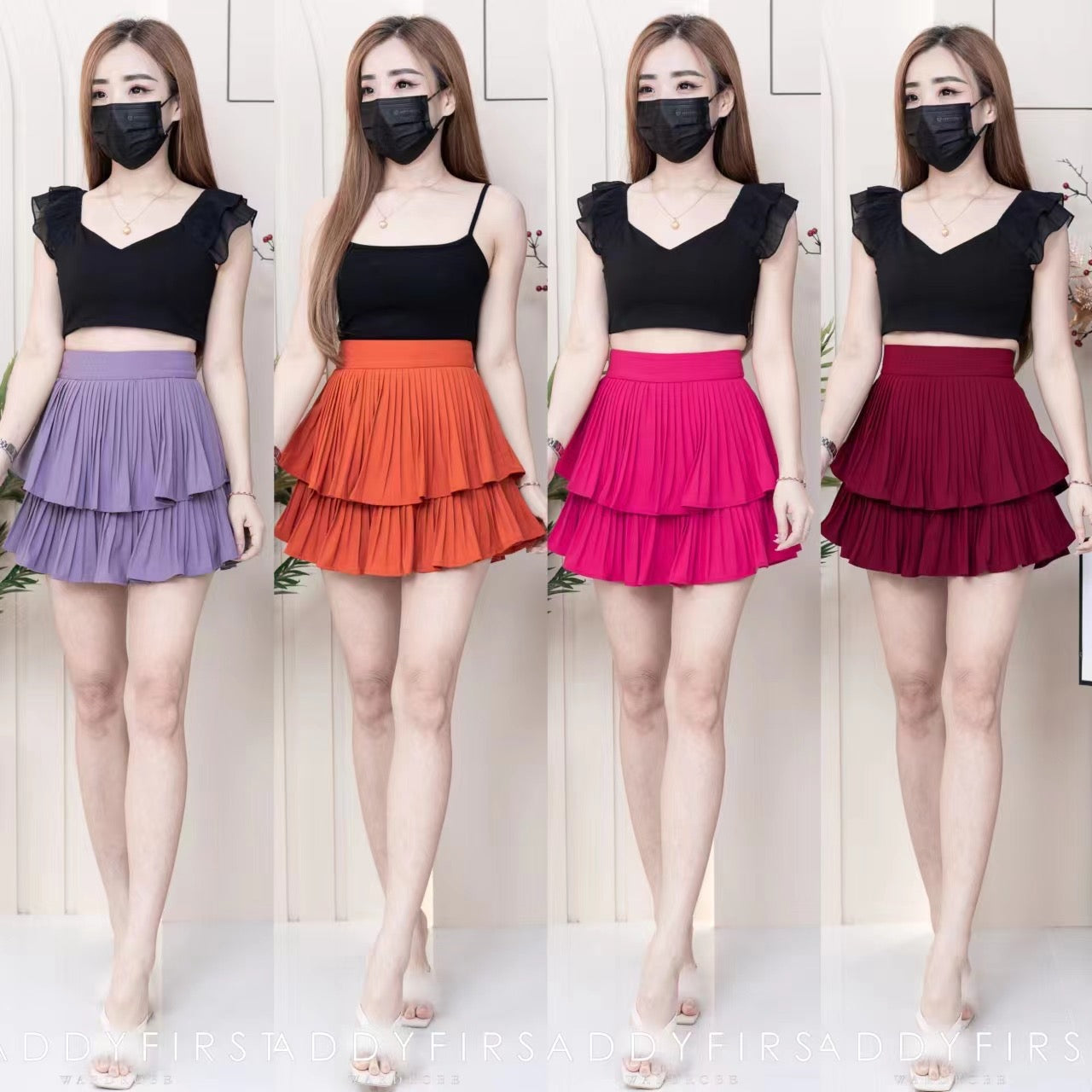 【S68114】【独家小圆饼】双层蛋糕百褶荷叶边高腰显瘦西装裙子，内层里布短裤【B-R1-C2】