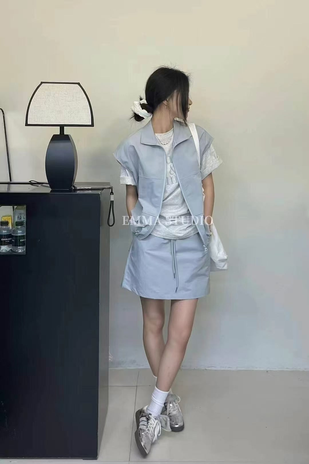 【SS5857】高品质夏日尼龙三件套 ❤️  短袖字母T➕外套➕弹力裤裙 有口袋 ❤️