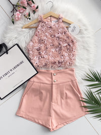 【SS3400】【独家小圆饼】两件式削肩套装 ,  鸵鸟毛拼接亮片Cut In上衣 ➕ 西装锦棉高腰显瘦短裤 , 有口袋【A-R2-C5】