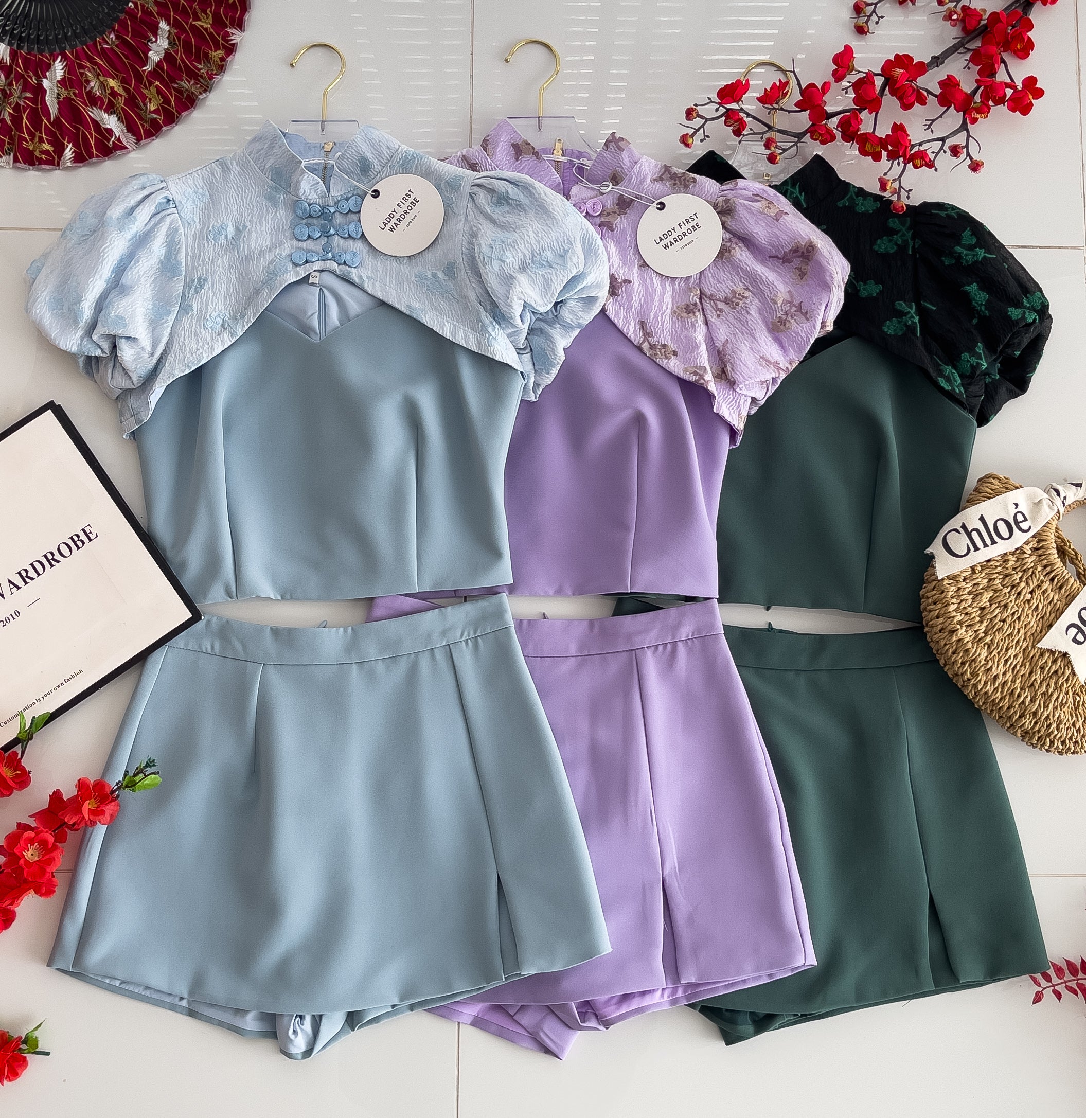 【SS19317】【LFW独家小圆饼】高品质三件套旗袍套装  , 自调肩带内搭➕泡泡袖外塔旗袍 ➕ 西装高腰百搭裤裙 ❤️