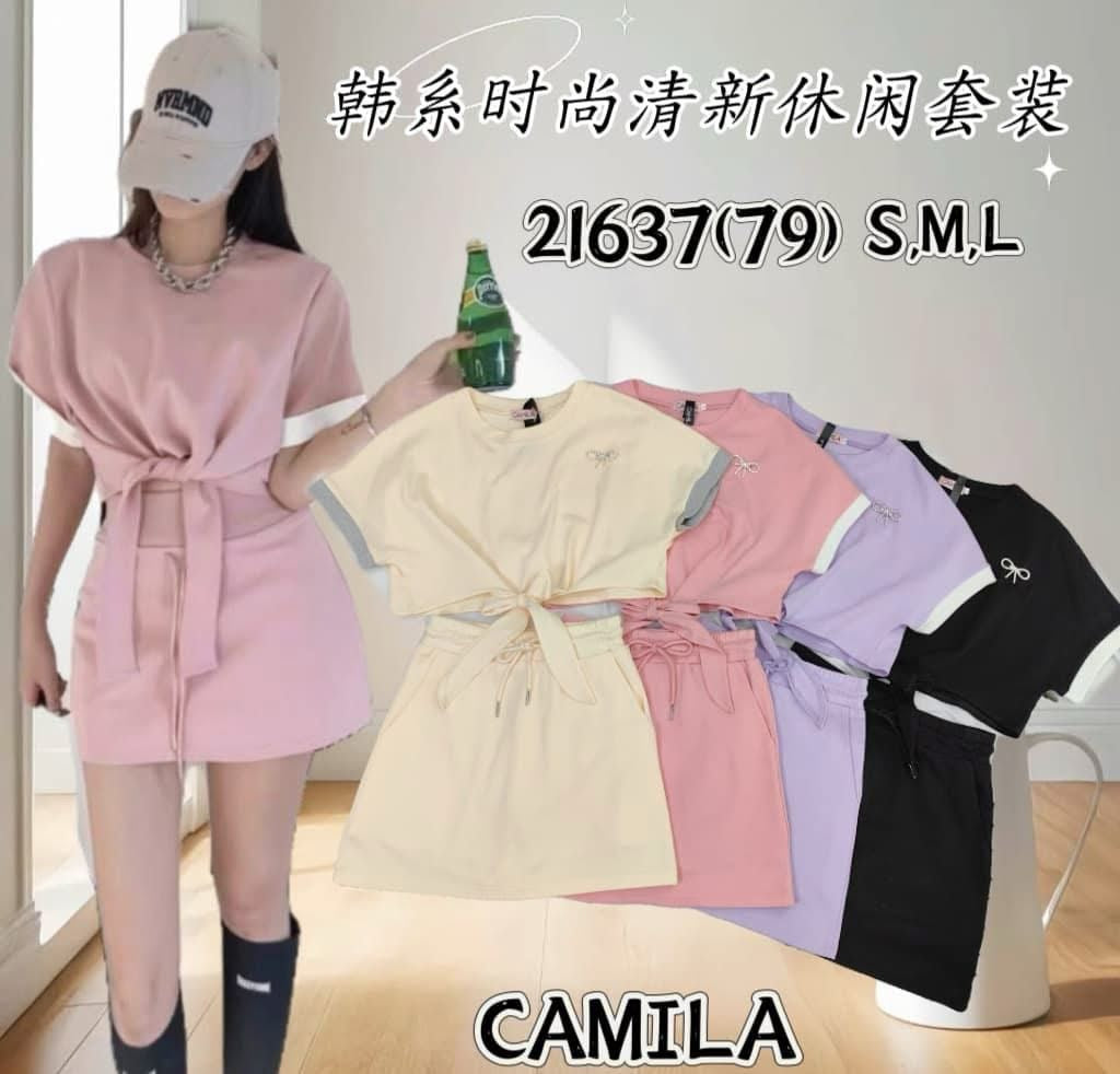 【SS21637 / 3343】高品质两件质卫衣棉韩系时尚清新休闲百搭套装 自辫蝴蝶结宽松上衣➕松紧腰弹力高腰百搭裙子，内层有里布短裤，有口袋 ❤️❤️