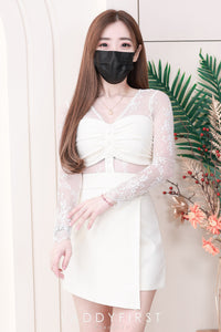 【D8228061】【LFW独家小圆饼 】长袖蕾丝上衣拼接西装小镂空裤腰连身短裤 ❤️❤️【A-R3-C5】