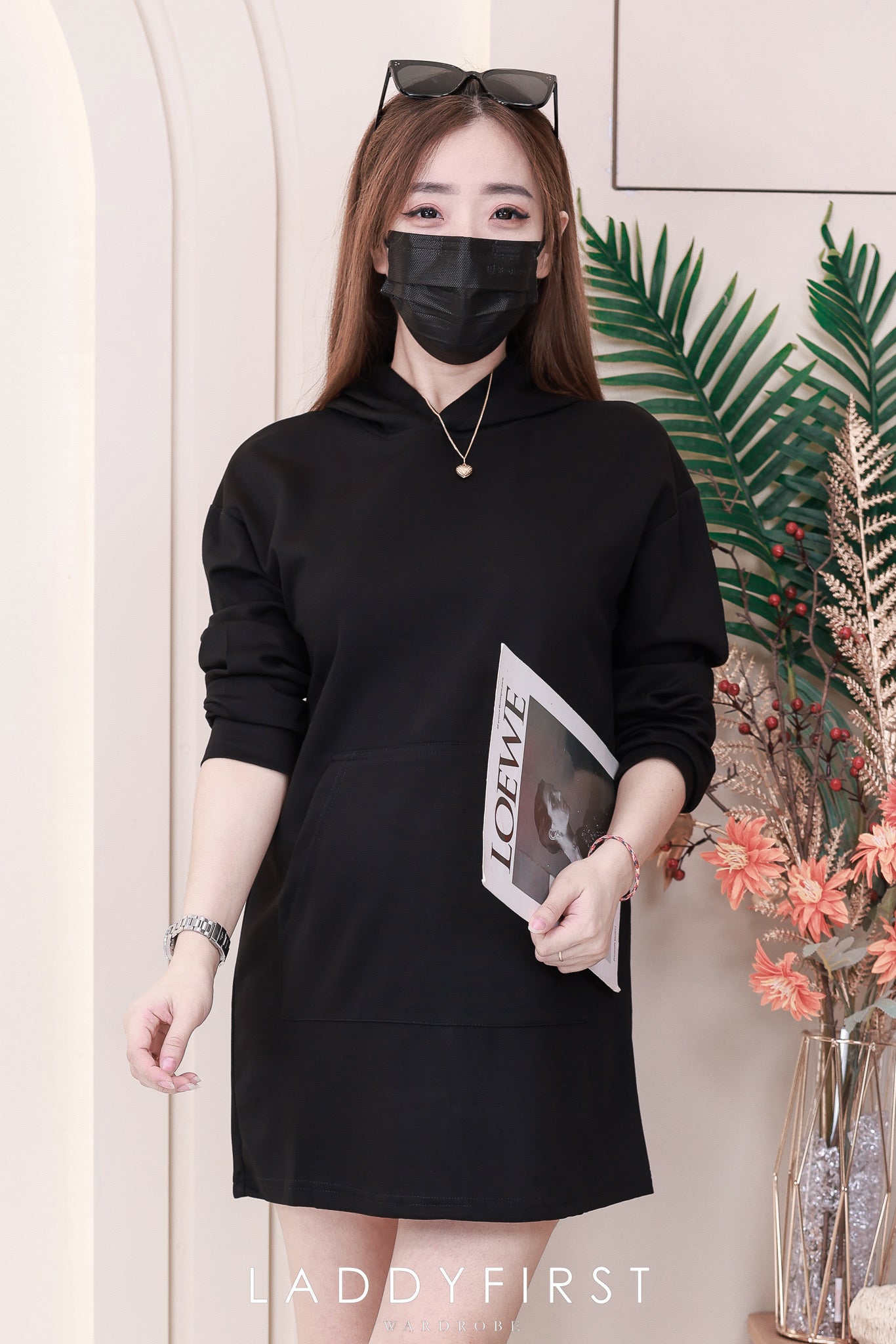 【D5786】冰凉薄款罗马连帽长袖懒人裙子，有口袋