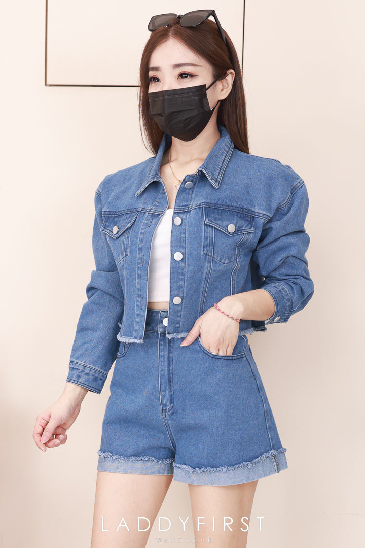 【SS7093】高品质复古风气质牛仔套装 翻领长袖牛仔上衣➕牛仔高腰百搭短裤，有口袋 ❤️❤️【D-R1-C1】