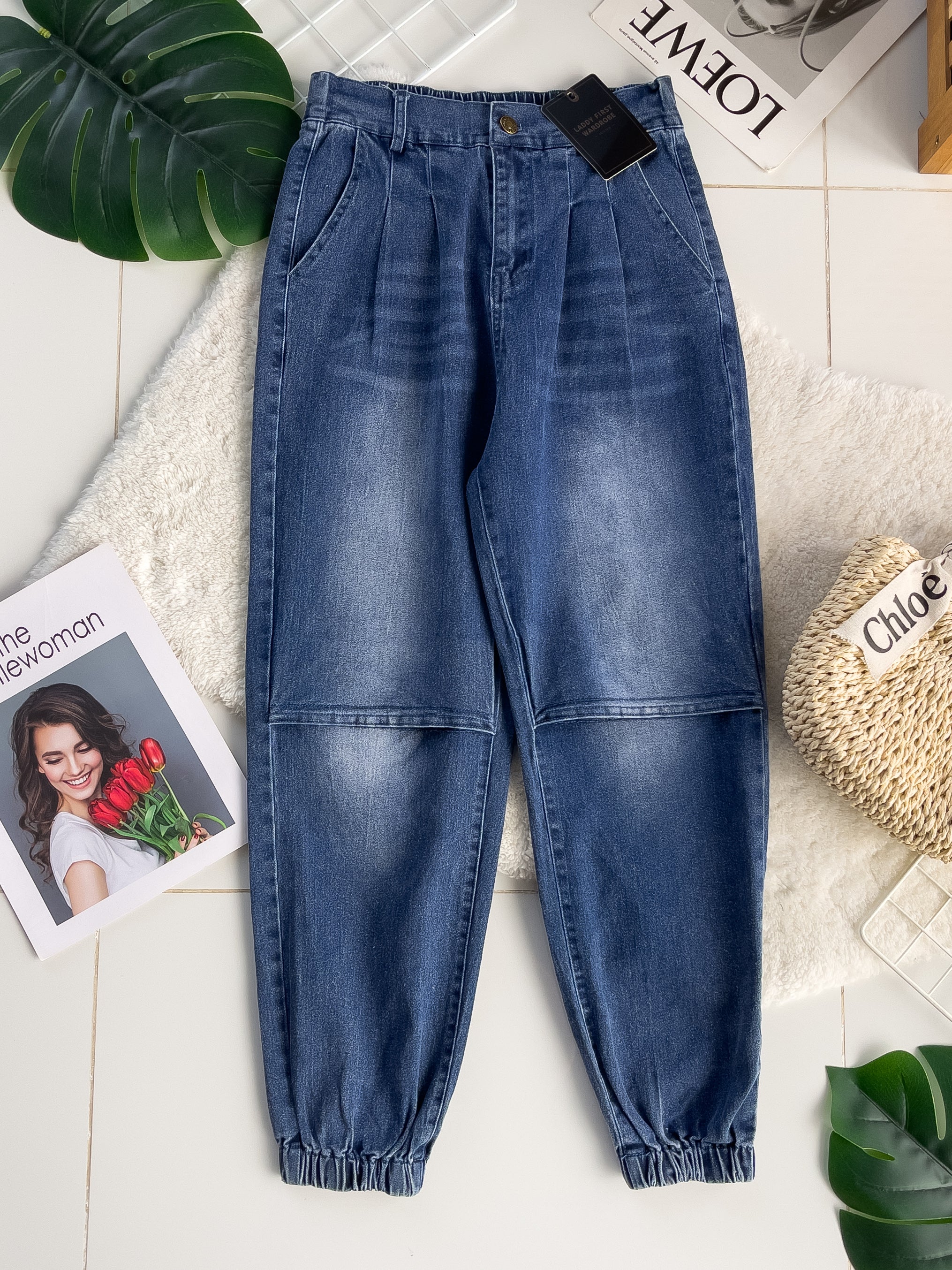 【L98723】独家爆款高品质后副松紧弹力简约休闲风收口束脚牛仔高腰九分长裤，有口袋【A-R2-C1】