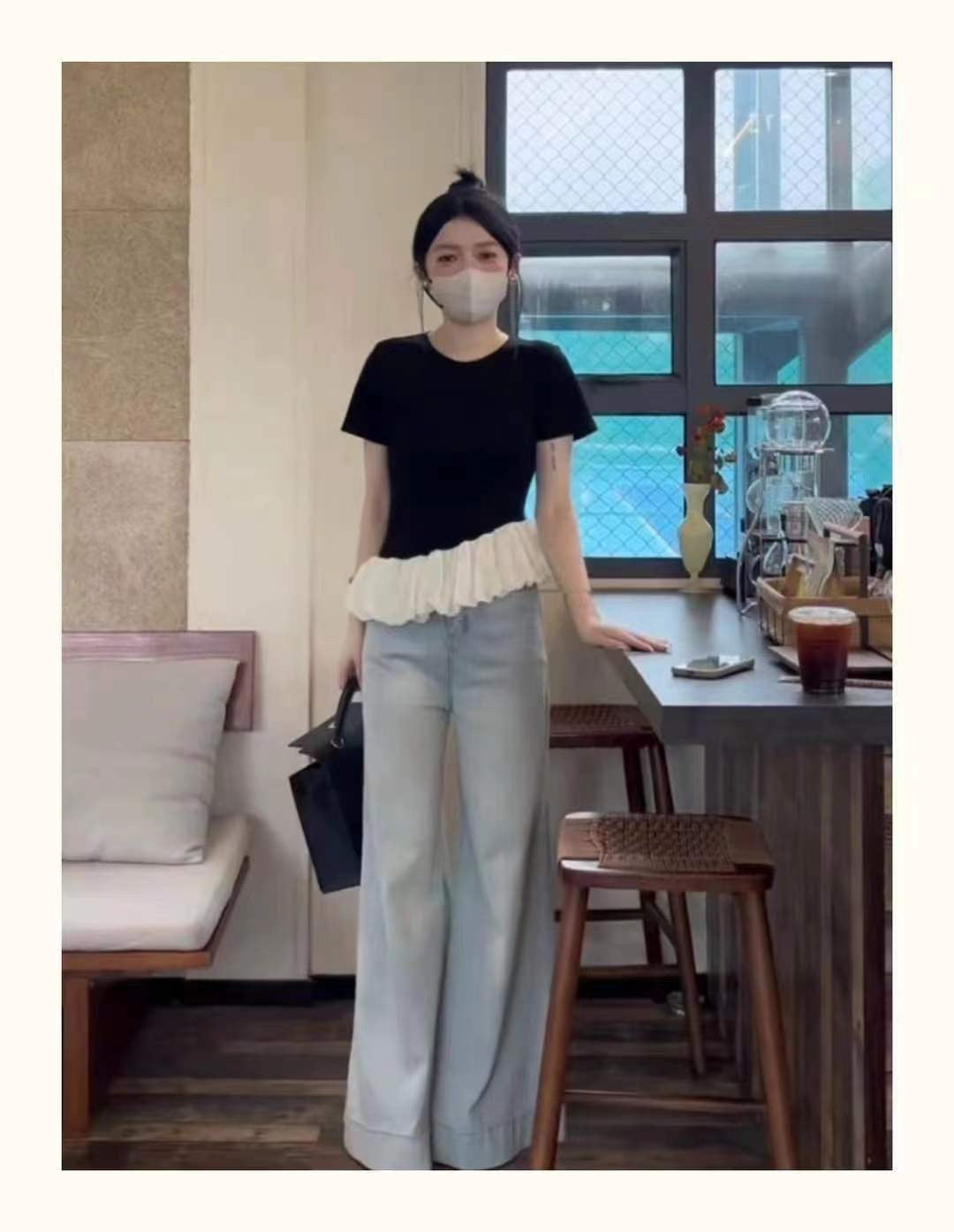 【T941】高品质法式螺纹针织拼接缎面蓬蓬下摆时装上衣 ❤️❤️