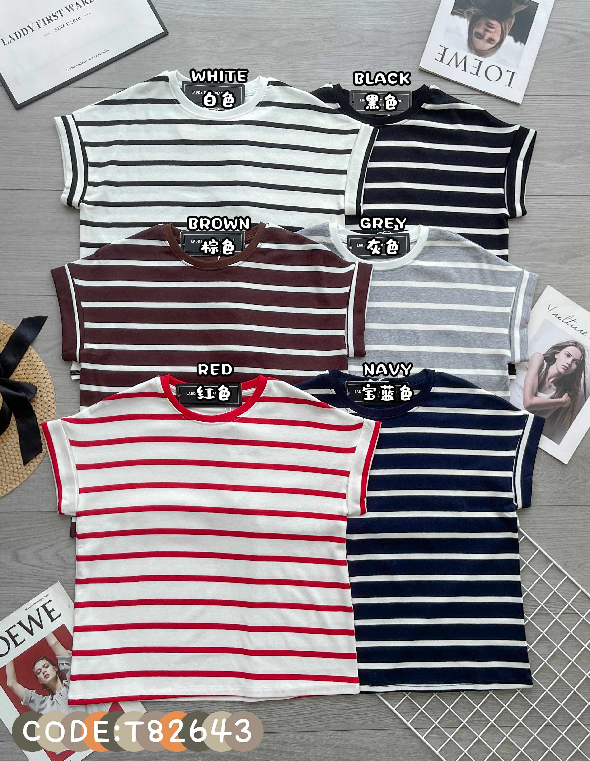 【T82643】高品质纯棉弹力宽松版条纹简约休闲百搭上衣 ❤❤