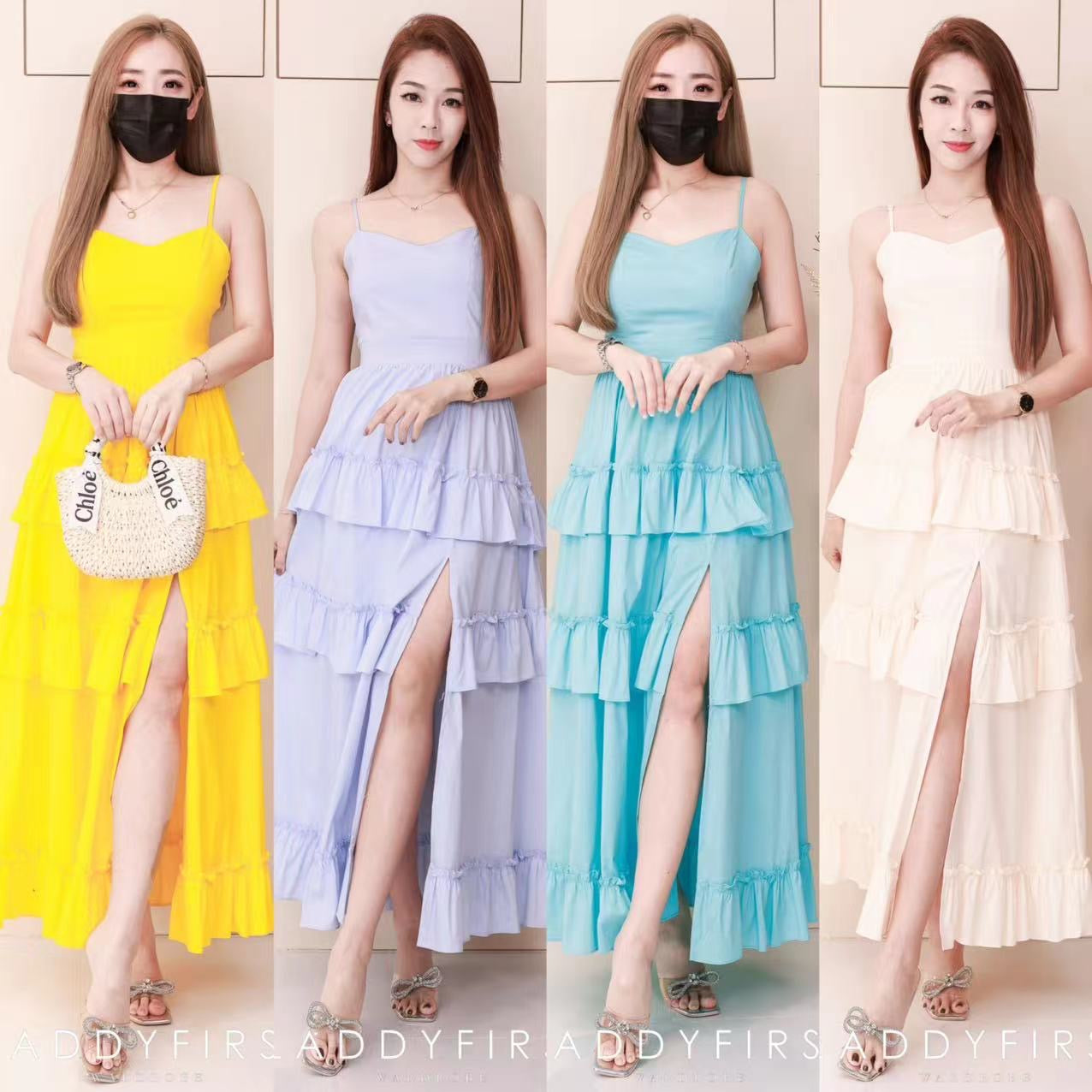 【D38439】【网站福利款✨】独家爆款高品质无袖自调肩带仙气温柔风层次蛋糕连身裙子，侧边开叉设计 ❤️❤️ 【B-R1-C6】