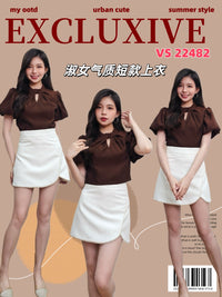 【T22482】高品质泡泡袖交叉领空设计淑女气质时装上衣 ❤️❤️ 【A-R1-C1】