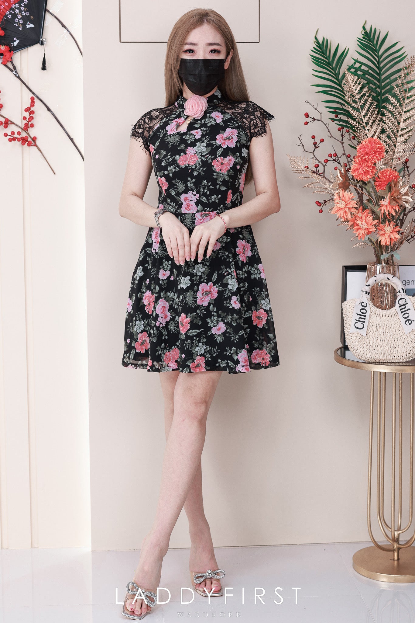 【D8234111】高品质立体花瓣领设计雪纺印花连身裙子 ❤❤