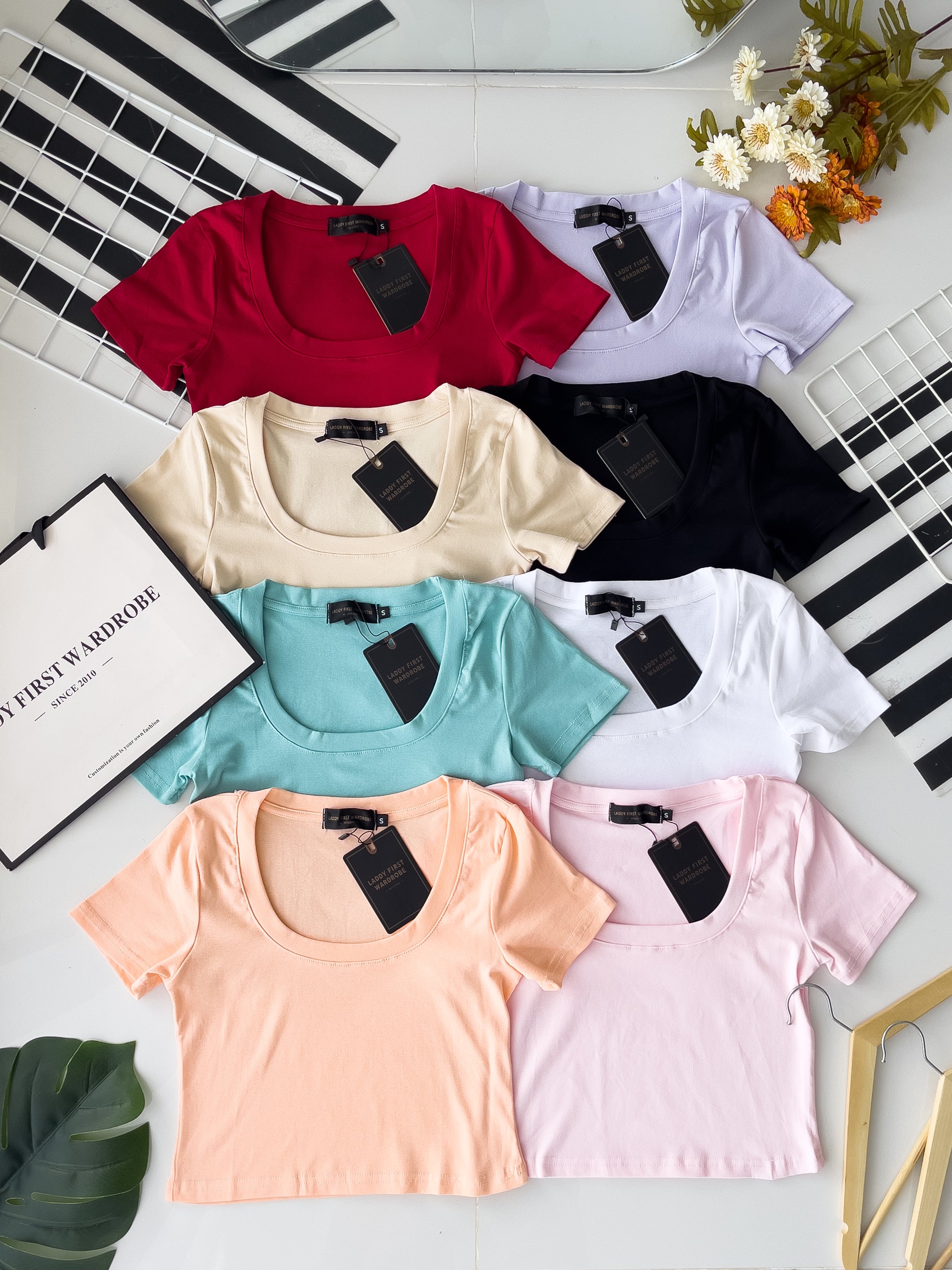 【T50156】独家爆款高品质大U领短袖纯棉弹力简约日常百搭款上衣 ❤❤ 【B-R1-C1】