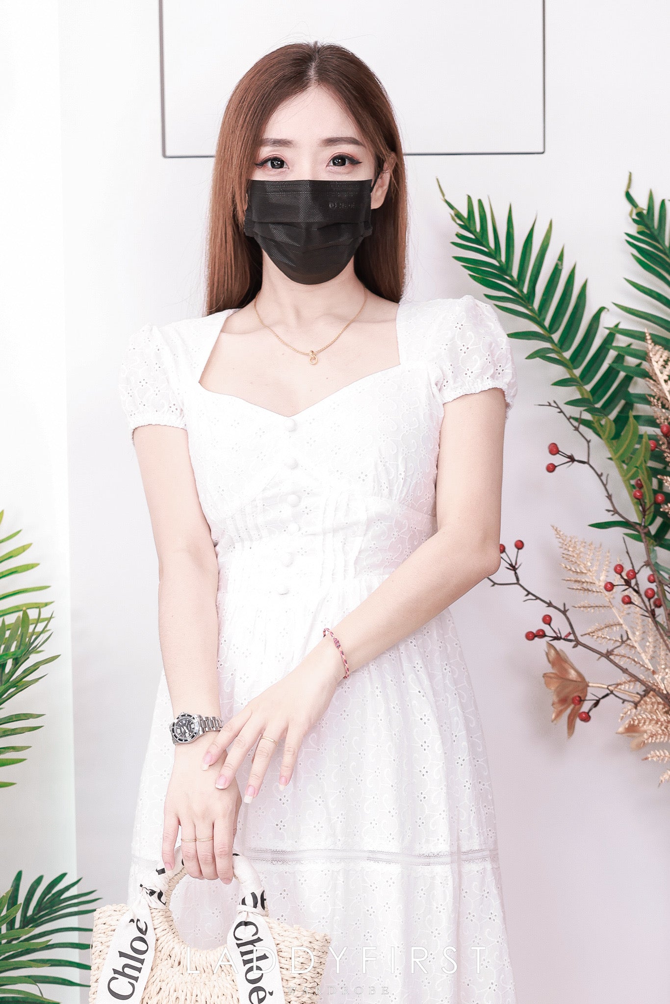 【D38416】高品质爱心领口泡泡短袖铜花简约连身裙子 ❤️❤️