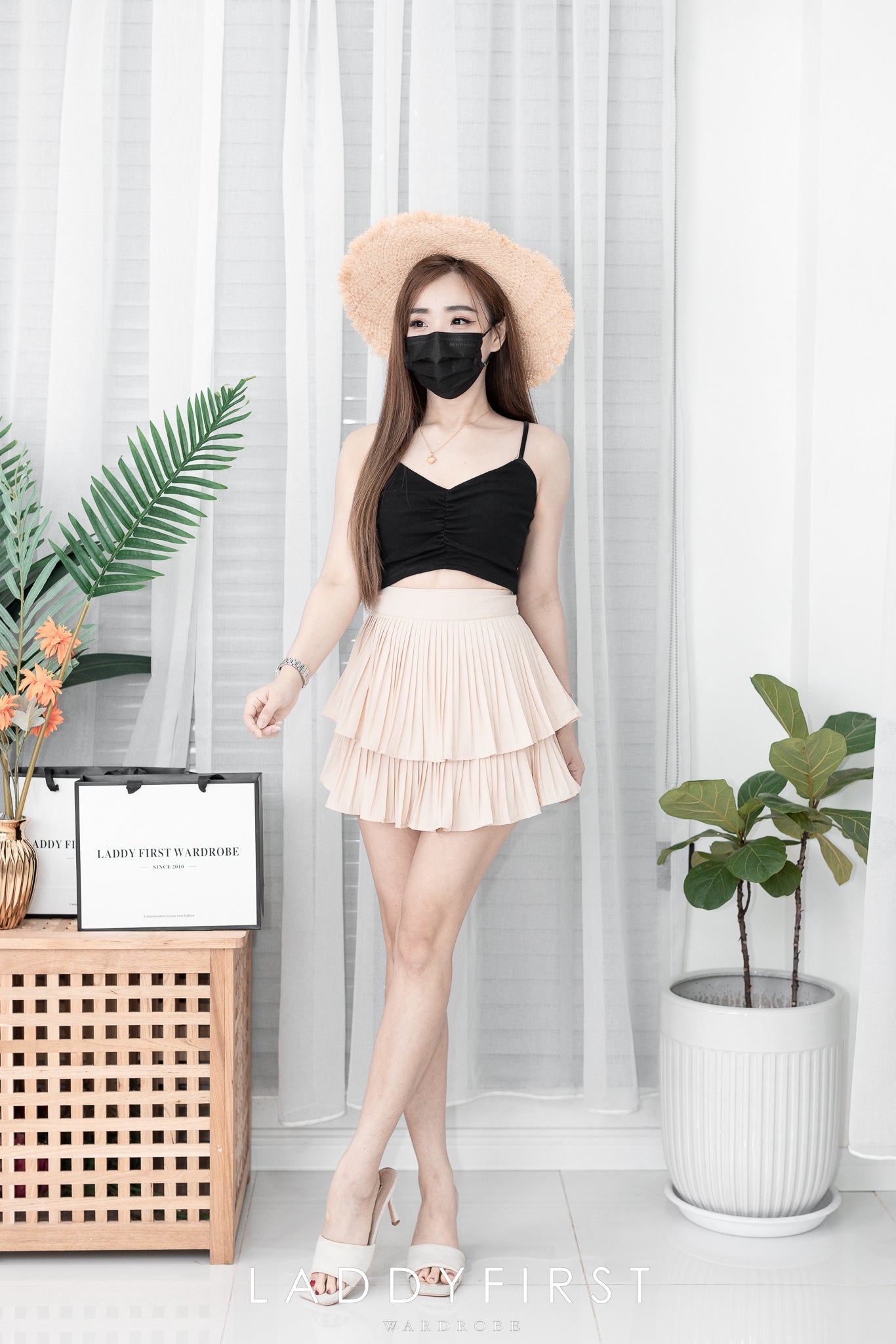 【T3358】V领小皱褶设计细带无袖纯棉弹力内搭上衣 ❤❤【A-R2-C2】