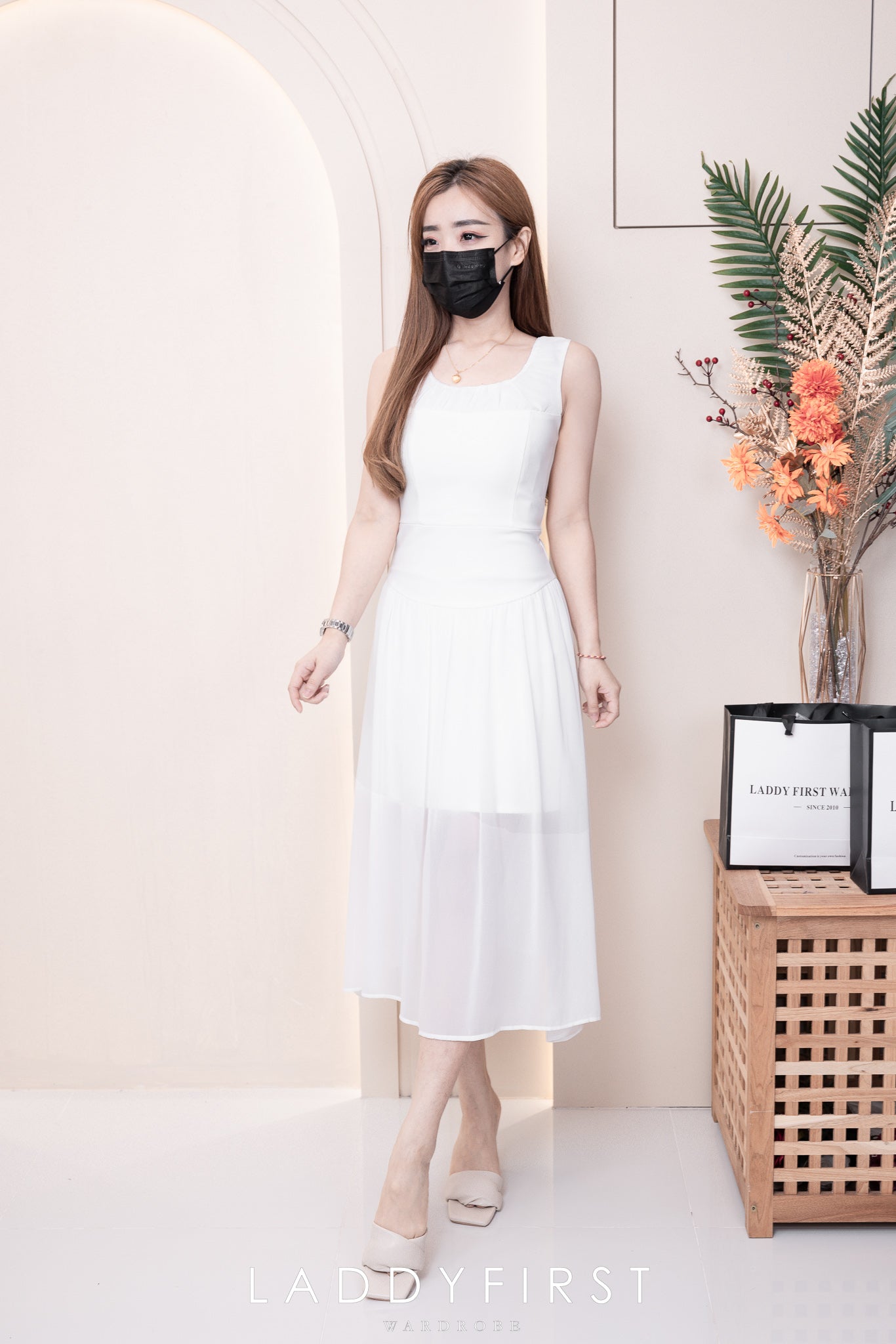 【D5301】假两件西装拼接网纱连身裙子