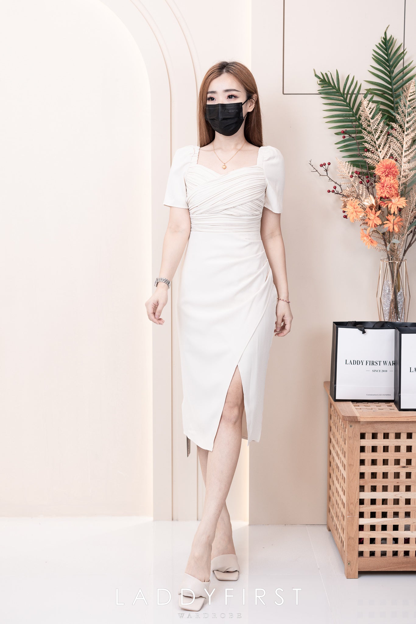 【D30250】气质压褶方领设计修身西装垂感开叉连身裙子