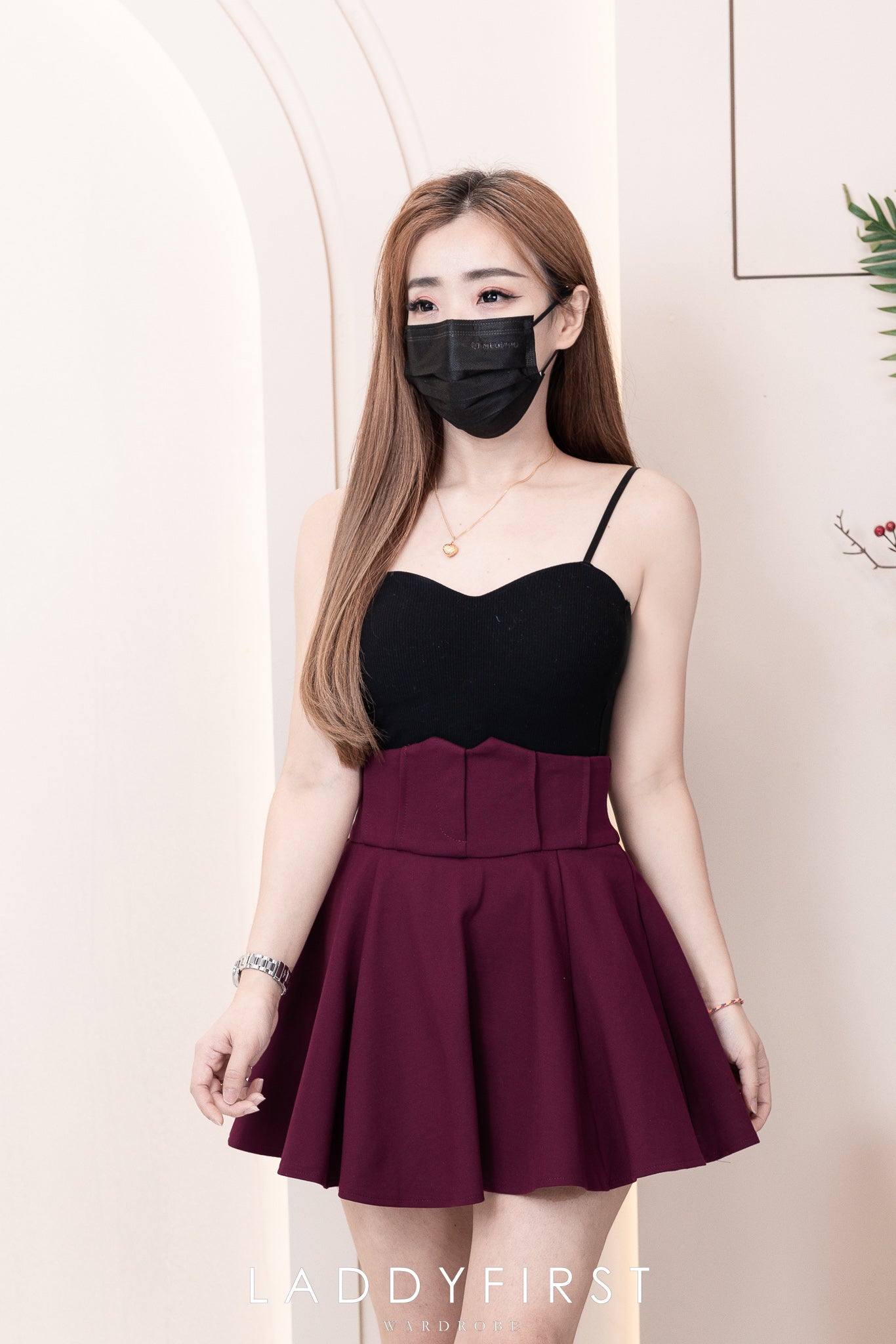 【S132268】减龄厚实罗马高腰摆伞百褶裙子，内层里布短裤