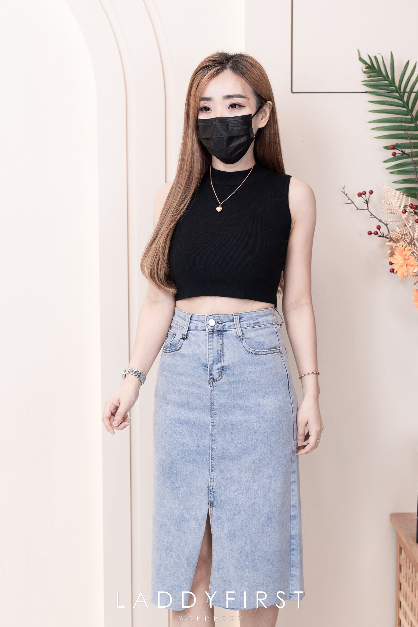 【L765】高品质COTTON JEANS牛仔弹力韩版七分高腰开叉裙子，有口袋 ❤️❤️