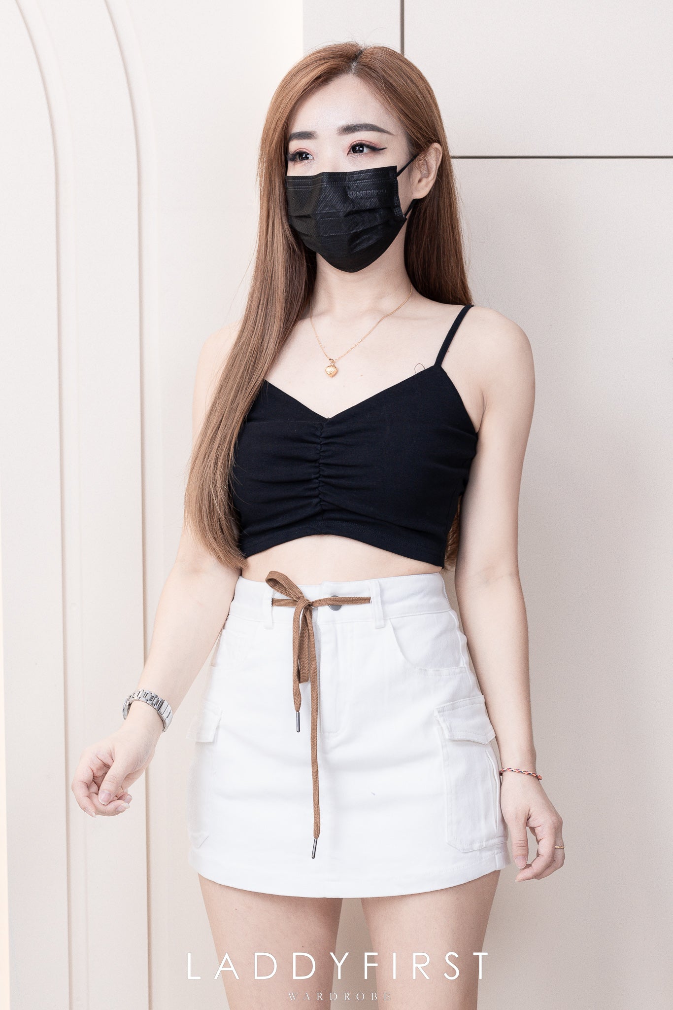 【T3358】V领小皱褶设计细带无袖纯棉弹力内搭上衣 ❤❤【A-R2-C2】