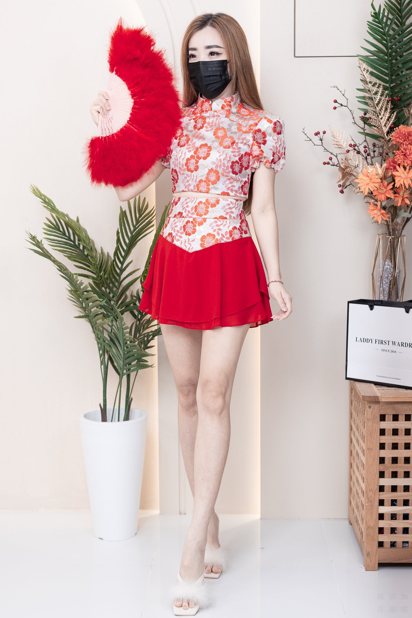 【SS3384】【独家小圆饼】两件式提花唐装旗袍套装 短袖珍珠设计提花上衣➕提花拼接雪纺裙子，内层有里布短裤 ❤️❤️