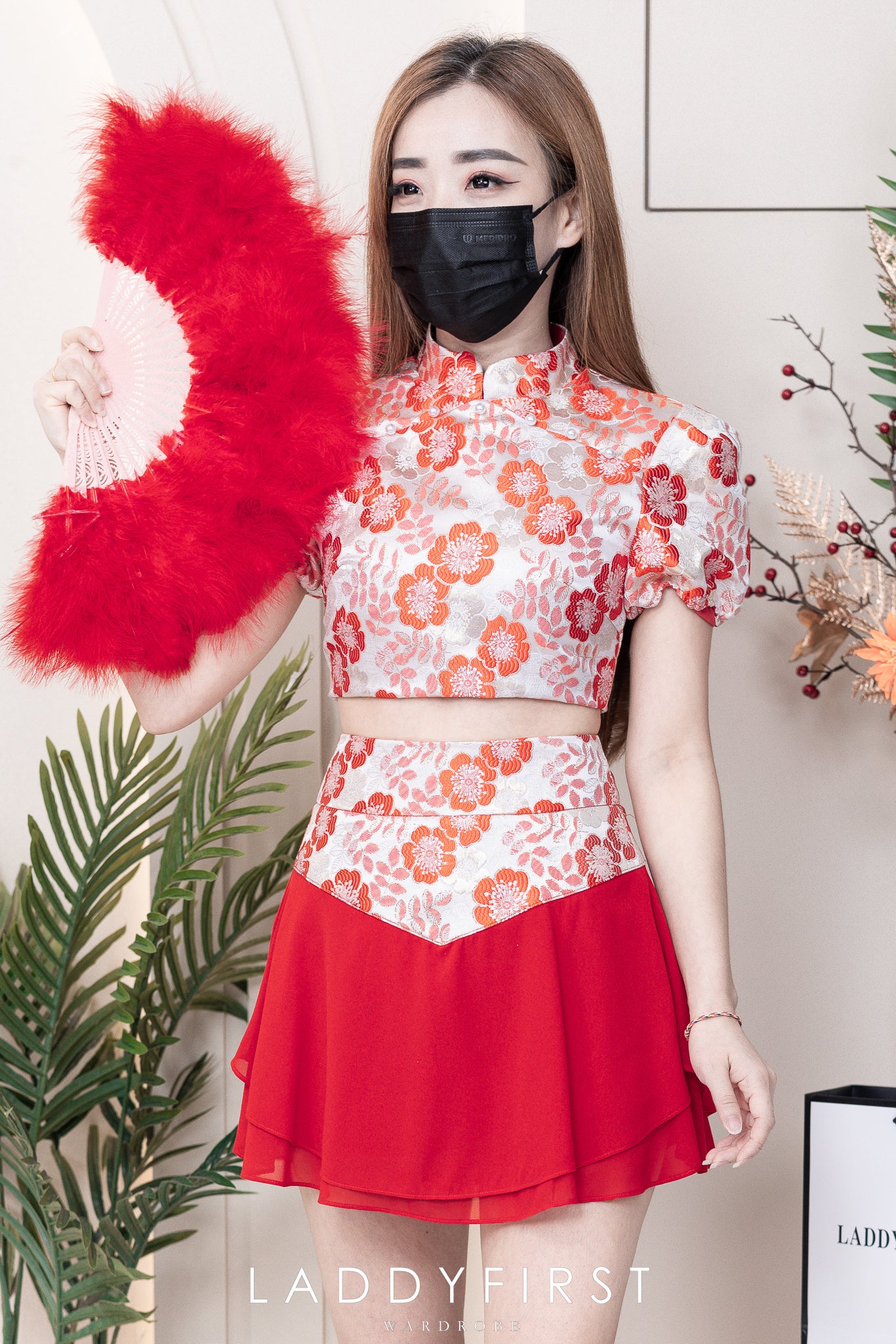 【SS3384】【独家小圆饼】两件式提花唐装旗袍套装 短袖珍珠设计提花上衣➕提花拼接雪纺裙子，内层有里布短裤 ❤️❤️